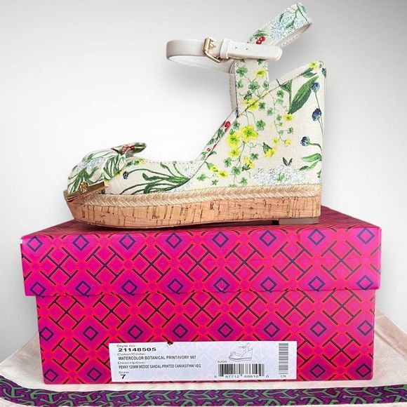 Tory Burch Penny 120MM Wedge in Watercolor Botanical Print / New Ivory Sz 7(M) - Picture 3 of 16